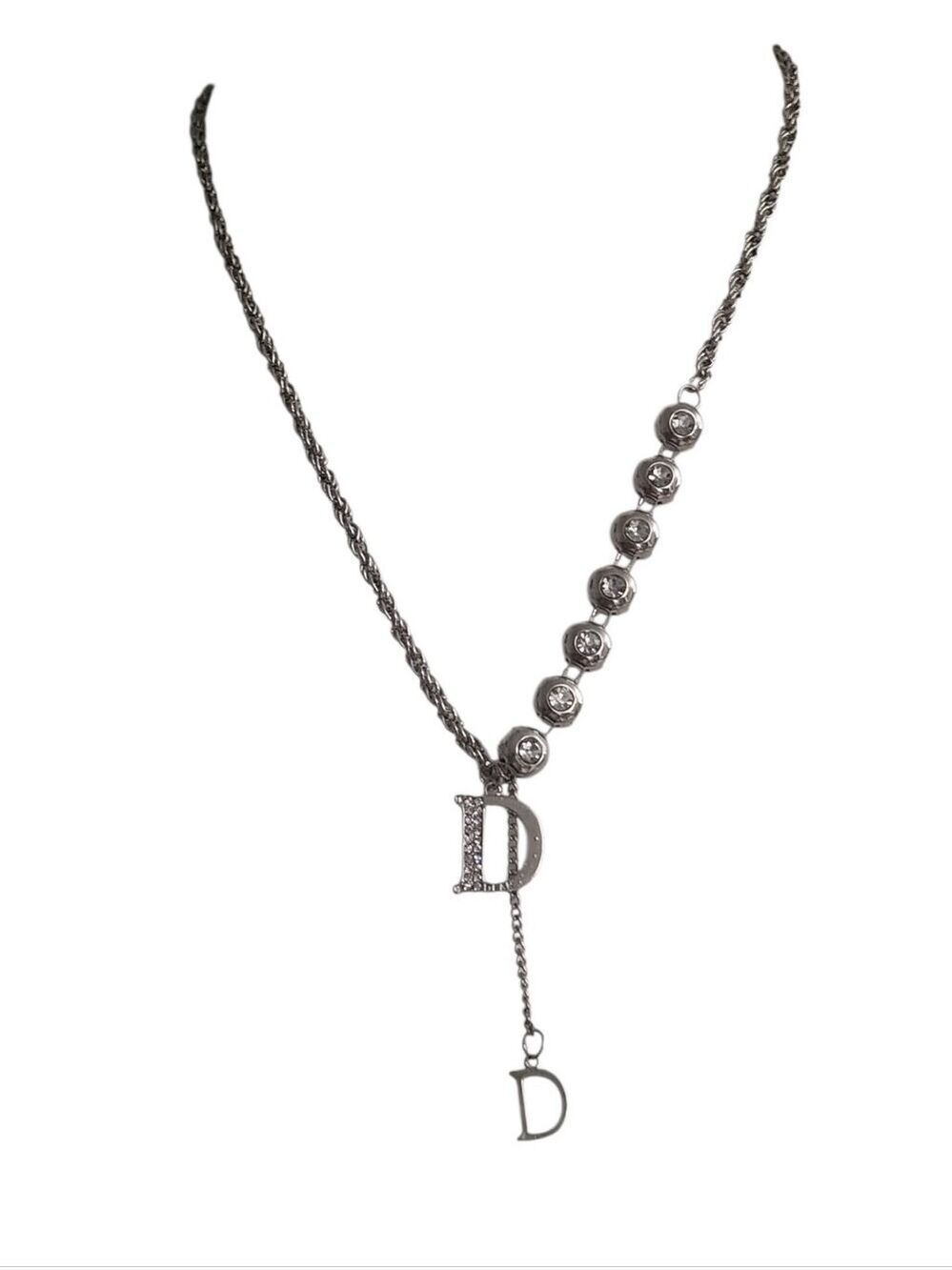 Silvertone D Y-Necklace Rhinestone Bead Accents